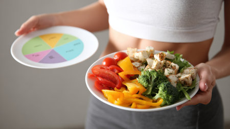 Nutritionist presents a body fat percentage chart with a plate of colorful vegetables and protein, highlighting the importance of balanced nutrition.の素材