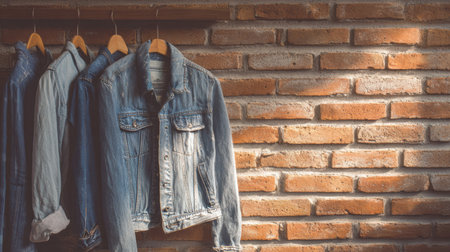 Denim clothing is displayed on hangers against a rustic brick wall, bathed in warm natural light, creating a minimalist and inviting atmosphere.の素材