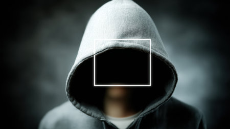 A figure in a hoodie presents a blurred face, illustrating the theme of identity theft and the risks associated with fraud in online environments.の素材