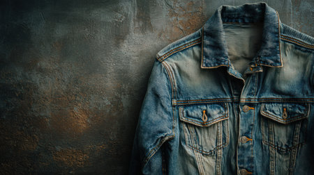 A denim jacket hangs on a rustic brick wall, surrounded by warm tones and bright natural light, creating a minimalist and inviting atmosphere.の素材
