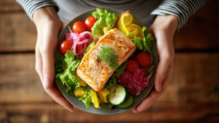 Nutritionist presents a colorful plate with salmon and fresh vegetables for a diet consultation focused on healthy eating habits.の素材