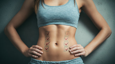 A persons belly shows marked check boxes on a calendar for gym progress, reflecting dedication and motivation for fitness goals.の素材