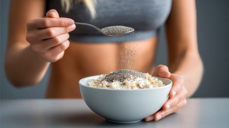 Female hand adds chia seeds to a bowl of oatmeal, enhancing the meal with healthy nutrients for a balanced diet.の素材