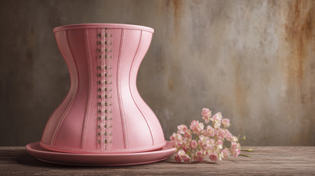 A belly waist trainer corset rests on a table beside delicate flowers, showing the popular weight loss trend in a realistic setting.の素材