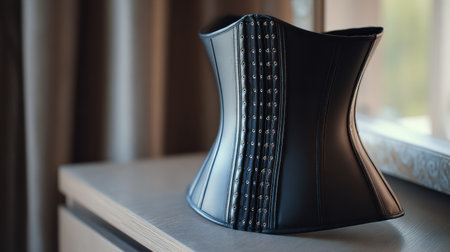 A black waist trainer corset rests on a wooden table, representing current trends in weight loss and body shaping in a modern space.の素材
