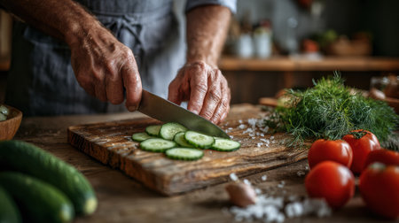 Hands skillfully chop cucumbers and tomatoes on a wooden board, preparing fresh ingredients for a nutritious meal at home.の素材