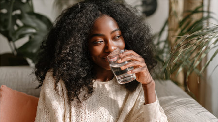 A woman sits comfortably on a couch, sipping water with a smile, focusing on hydration before her meal in a calm living space.の素材