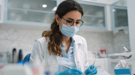A woman dentist is focused on placing a dental implant in a bright, well-equipped dental clinic during a routine procedure.の素材