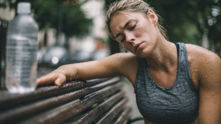 A woman leans over a bench, visibly tired and sweaty after a hard workout. She takes a break in an urban area on a warm day.の素材