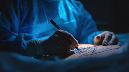 A skilled surgeon marks the patients belly with a marker before surgery under optimal lighting conditions, ensuring accuracy in the procedure.の素材