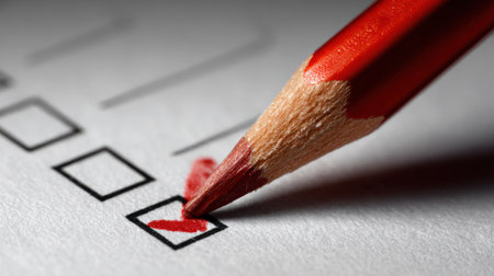 A red pencil precisely marking a checkbox on a ballot paper emphasizes the importance of voting during election time.の素材