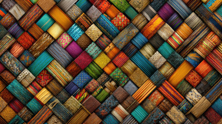 Vibrant seamless background displays a textile collage of colorful fabric scraps, featuring diverse patterns and rich textures throughout.の素材