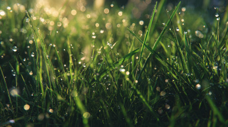Bright green grass covered with sparkling dewdrops reflects sunlight in the early morning, creating a serene natural sceneの素材