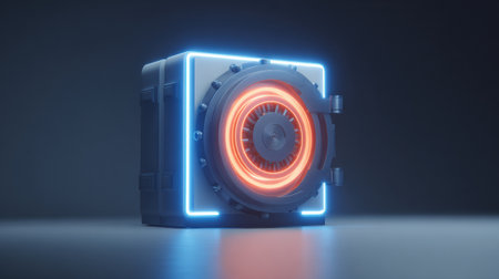 A high-tech digital vault featuring a glowing encryption lock, emphasizing secure storage and advanced technology in a futuristic setting.の素材