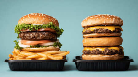 A stack of colorful meal prep containers stands next to tempting burgers and fries, showing choices for healthy eating and weight loss.の素材