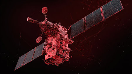 Spy satellite experiences a major hacking event, exposing vulnerabilities in global surveillance technology through a red encryption failure display.の素材