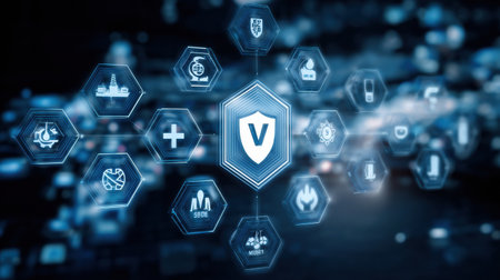 Icons representing secure energy infrastructure are shown, shielded by a firewall, highlighting cyber defense measures in the utility sector.の素材