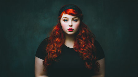A plus size girl stands confidently in a dark studio background, showing her long red hair and captivating expression.の素材