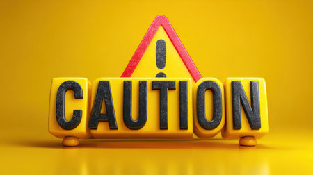Bright yellow caution sign with bold letters and an exclamation mark warns drivers to be alert in traffic situations.の素材