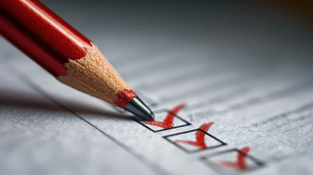 Red pencil is used to mark a checkbox on ballot paper, showing an important aspect of the voting process during elections.の素材