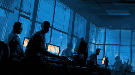 Cyber unit personnel review multiple data streams on monitors in a dimly lit control room, working to identify security threats.の素材