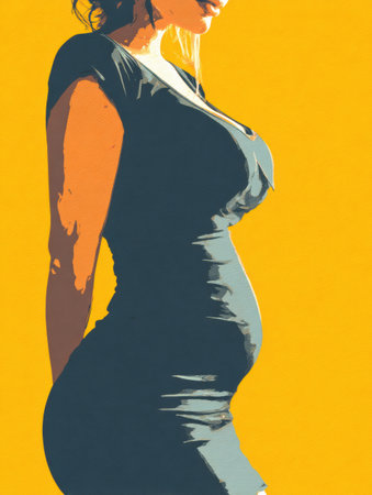 Woman wearing a tight dress showcases a realistic belly bulge, conveying difficulties with body shape in fashion contexts.の素材