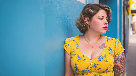 A plus size girl wearing a yellow floral dress leans against a blue wall, showcasing her style and confidence in a bright urban scene.の素材