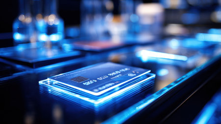 A secure barrier protects NFC payment cards, glowing softly in a retail environment. This modern solution enhances safety during transactions.の素材