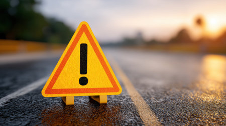 Bright yellow caution sign with an exclamation mark stands on a wet road, warning drivers to be alert in the fading light of evening.の素材