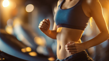 A woman runs on a treadmill, showcasing belly movement while engaging in cardio to burn fat in a gym setting during early morning hours.の素材