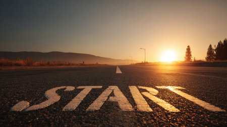 Asphalt road features wooden letters spelling out start, illuminated by the warm glow of the setting sun, evoking hope and possibilities.の素材
