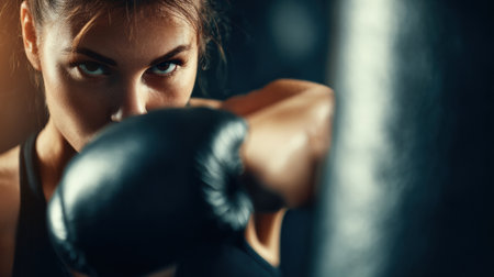 Focused woman punches a heavy bag, emphasizing core rotation and effective belly fat burning in a training environment.の素材
