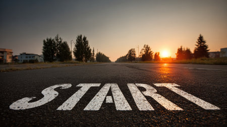 An asphalt road shows the word START marked in large letters, surrounded by trees, with a sunset creating a warm, glowing atmosphere.の素材