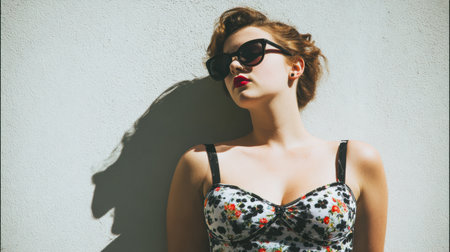Plus size girl wears fashionable sunglasses and a floral outfit while relaxing in the sunlight near a plain wall in the city.の素材