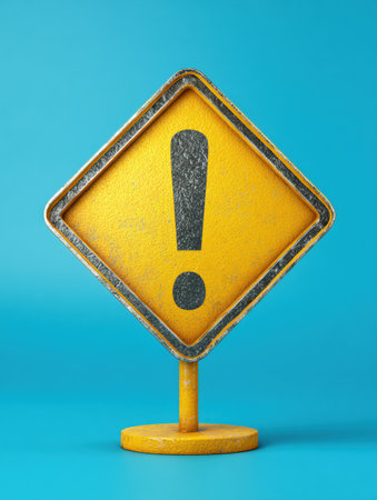 Bright yellow caution sign with an exclamation mark emphasizes safety alert in traffic situations to ensure public awareness.の素材