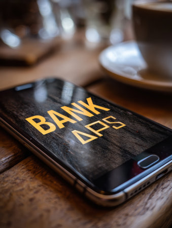 A mobile phone is showing a warning about a fake banking app, emphasizing cybersecurity risks, with a neutral background for clarity.の素材