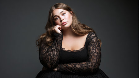 A plus size girl sits gracefully with her hand on her chin, gazing directly at the camera in a stylish black dress with lace details in a studio.の素材