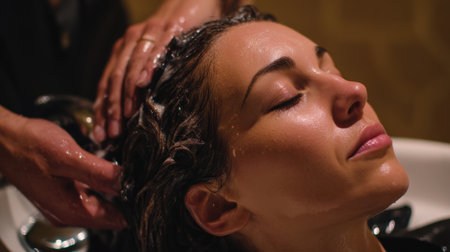 Woman enjoys a calming hair wash at a salon as a stylist provides a gentle scalp massage, creating a peaceful ambiance.の素材