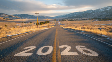 A vast road stretches to the horizon, with the year 2026 painted clearly on it, symbolizing promise and upcoming adventures.の素材