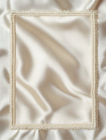 A blank greeting card laid on smooth satin fabric surrounded by a delicate ribbon border, creating an elegant and luxurious appearance.の素材