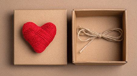 Blank kraft note sits inside a simple box alongside a red heart wrapped in mesh, set against a neutral background for easy writing.の素材