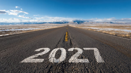 A long road extends toward the horizon with 2027 painted on it, representing hopes and upcoming journeys in a mountainous landscape.の素材