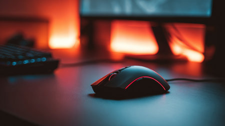RGB neon desk surface highlights a gaming mouse, creating an immersive environment against a blurred gaming monitor for focused gameplay.の素材