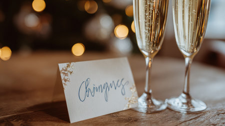 Champagne glasses stand next to a stylish greeting card, featuring a blank center, ideal for personalization for holiday festivities.の素材