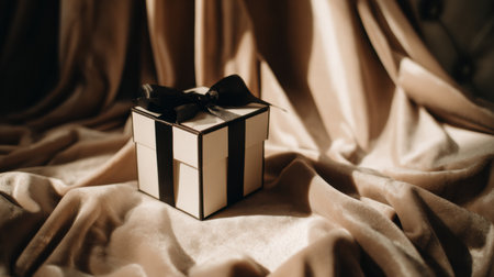 An exquisite cream box with a sleek black ribbon sits on soft velvet cloth, surrounded by a dramatic, luxurious backdrop that enhances its elegance.の素材