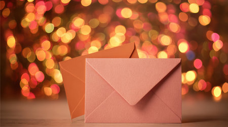 Soft bokeh lights create a romantic backdrop for an elegant empty card and envelope, perfect for a special message or corporate greeting.の素材