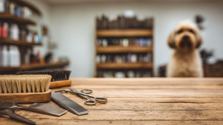 Dog grooming tools are arranged neatly on a wooden desk while a grooming salon is blurred in the background, offering an inviting atmosphere.の素材