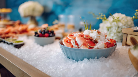 A variety of fresh seafood is elegantly arranged on ice, showcasing lobster and other delicacies in a sophisticated restaurant background.の素材