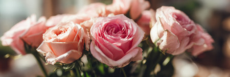 Soft pink roses fill the center of the scene, surrounded by a bright and airy space, ideal for sharing love and joy.の素材