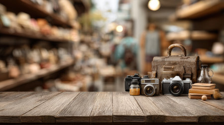 Camera cleaning supplies displayed on a wooden podium in a blurred studio setting with warm lighting, creating a focused showcase.の素材